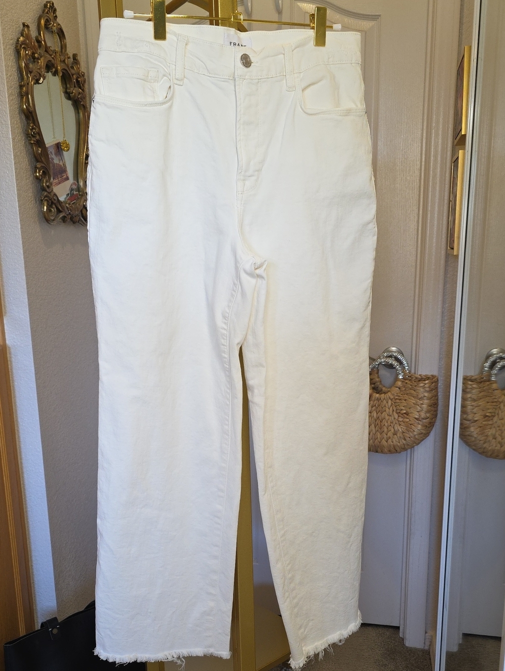 Frame Stretch Denim White Le Palazzo Crop Raw Hem Ankle Jeans Size 30
